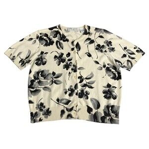 Vintage Chaus Cardigan Sweater Womens M Petite Floral Cream Short Sleeve Preppy